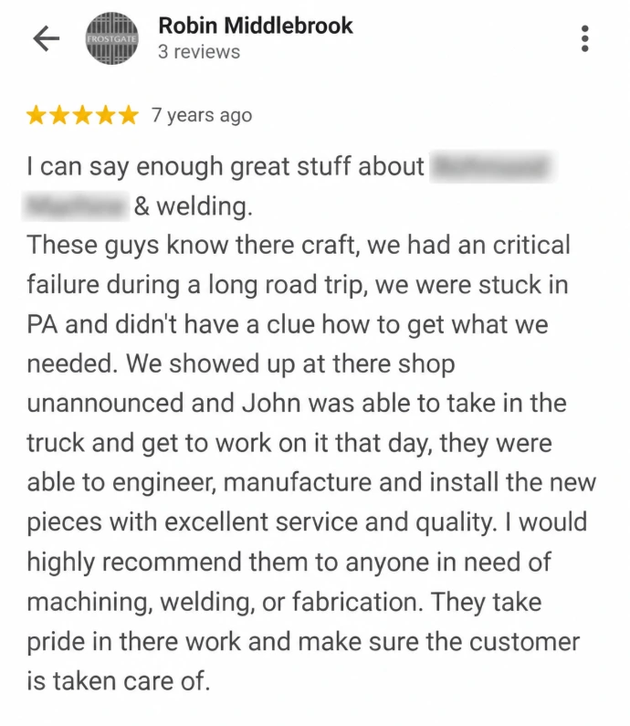 Customer review describing past fabrication and repair work