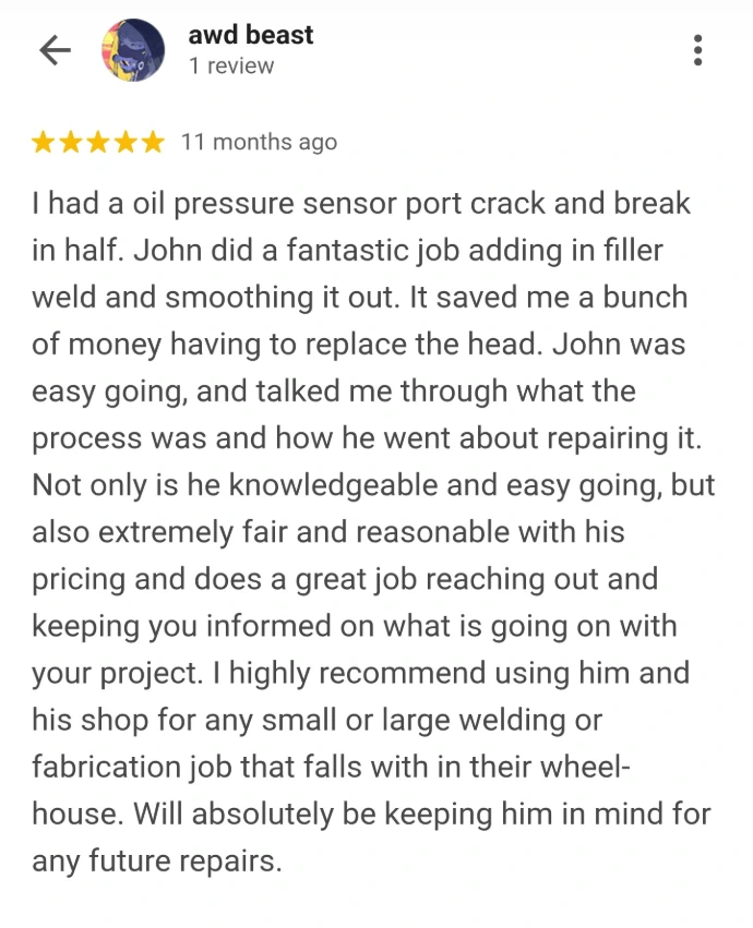 Customer review describing past welding and repair work